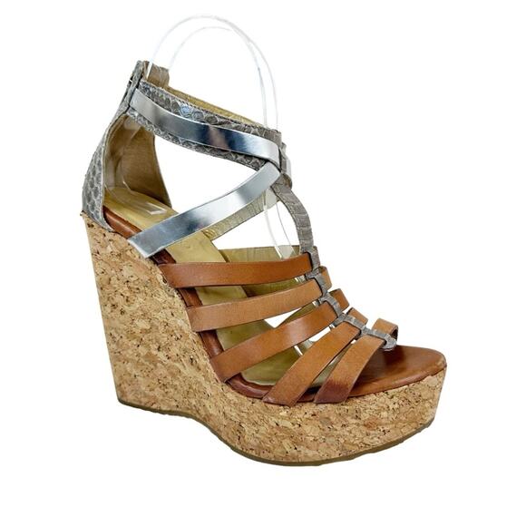 Jimmy Choo Sandals Womens 38.5/ US 8.5 Cork Wedge Leather Gladiator - Picture 1 of 12